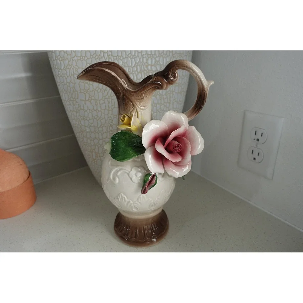 Italian Porcelain Nuova Capodimonte Pitcher 11.5 inches tall vase with pink rose